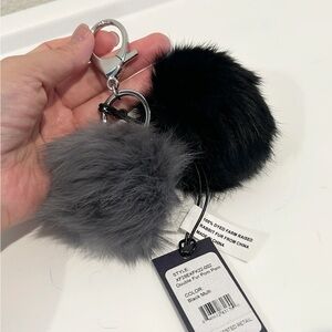 Rebecca Minkoff Grey Black Double Fur Pom Pom Keychain